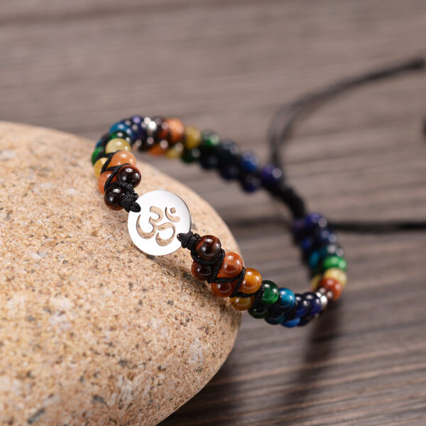 Colorful Tiger Eye Stone OM Bracelet 7 Chakra Meditation Yoga Spirituality Bracelet - Image 3